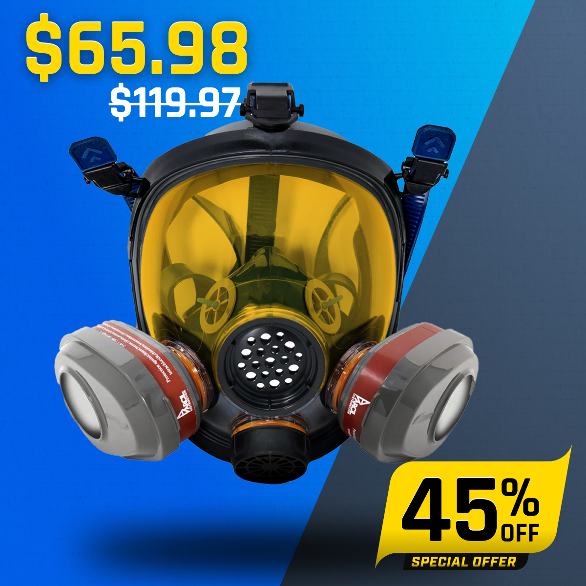 PD-101 Light Amber Tinted Full Face Respirator Gas Mask with A1 Organic Vapor (OV) with P2 Particulate Filter Canister