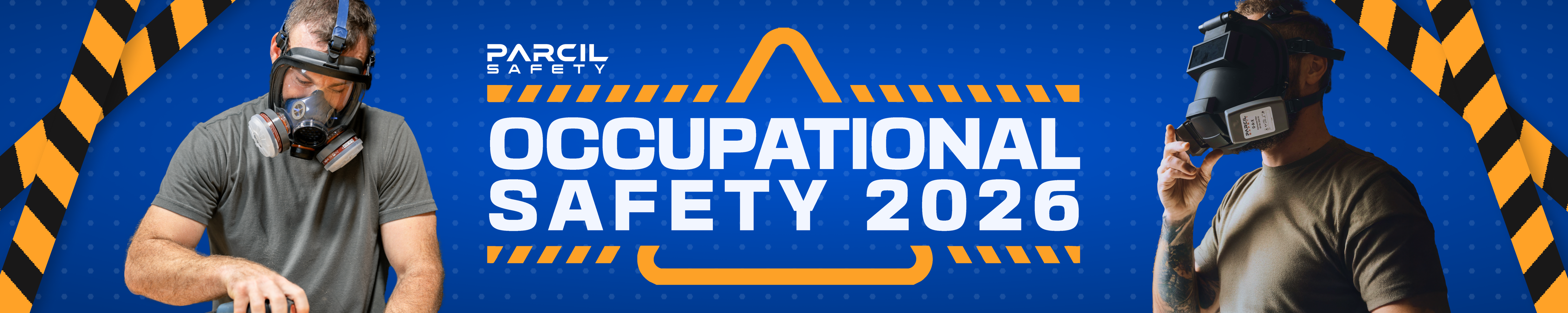 Promotional banner for Occupational Safety 2026 with a person wearing a gas mask and PARCIL logo.