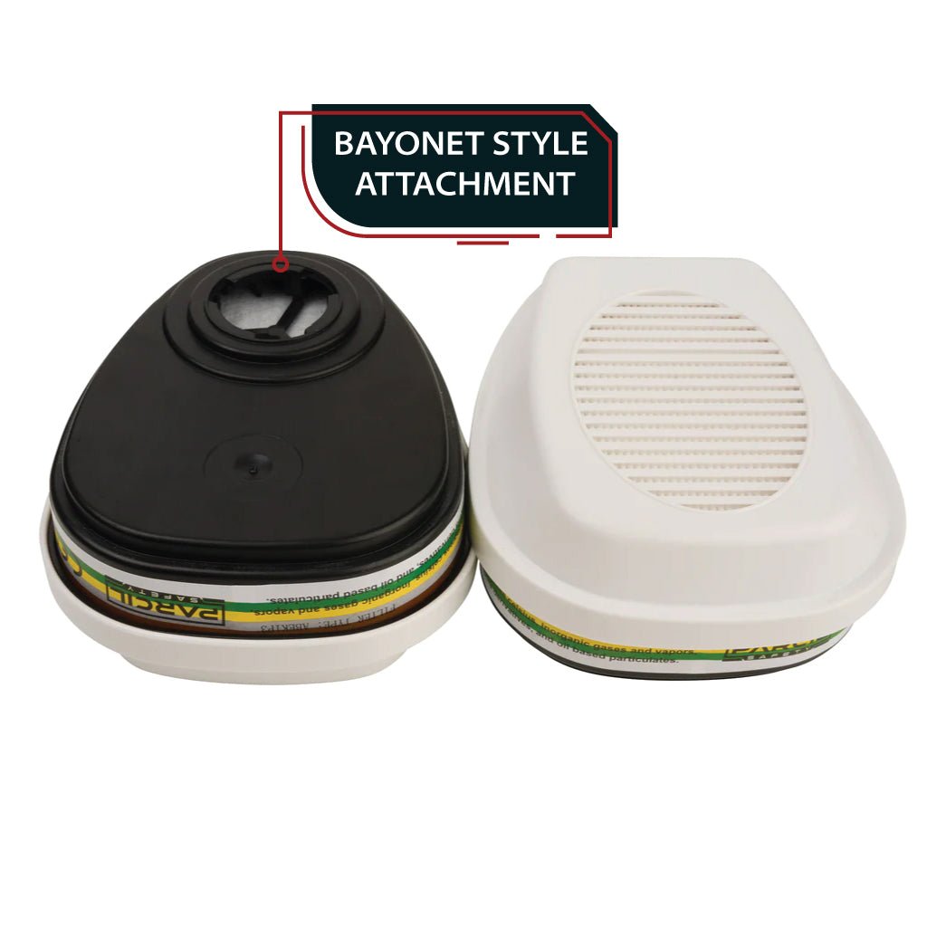 NB - 100B Industrial Respirator with Bayonet Style Filter Ports - Full Face Respirator with MaxPro P - 3 - 0 Multipurpose Filter Cartridges - Parcil SafetyRespiratorsRespiratorsParcil Safety