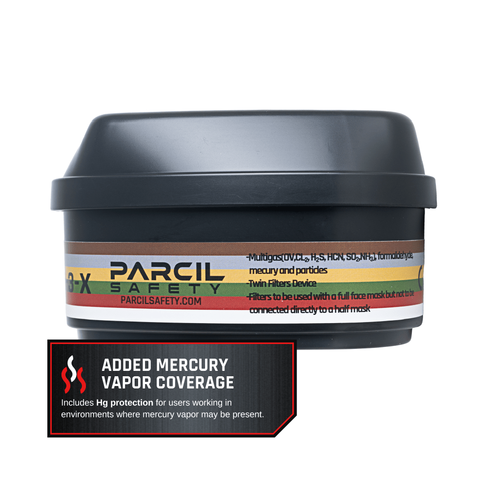 P-3-X Advanced Multi-Gas & Mercury Vapor Protection Bayonet Cartridge Set A2B2E2K2HgP3 - Fits Bayonet-Style Respirators - Parcil SafetyParcil Safety