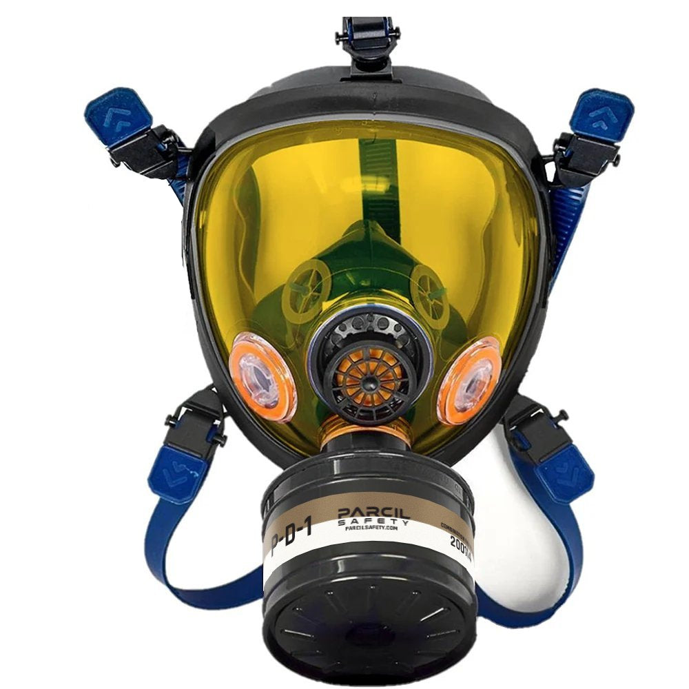 ST - 100X Light Amber Tinted Full Face Respirator Gas Mask with Organic Vapor and Particulate Filtration - Parcil Safety front side