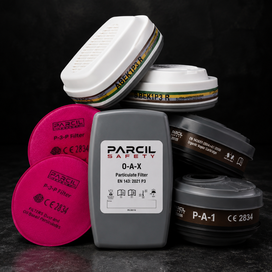 A Parcil Safety O-A-X particulate filter bottle in gray, surrounded by various filter cartridges and replacement parts in white, black, and bright pink, arranged on a dark textured surface.