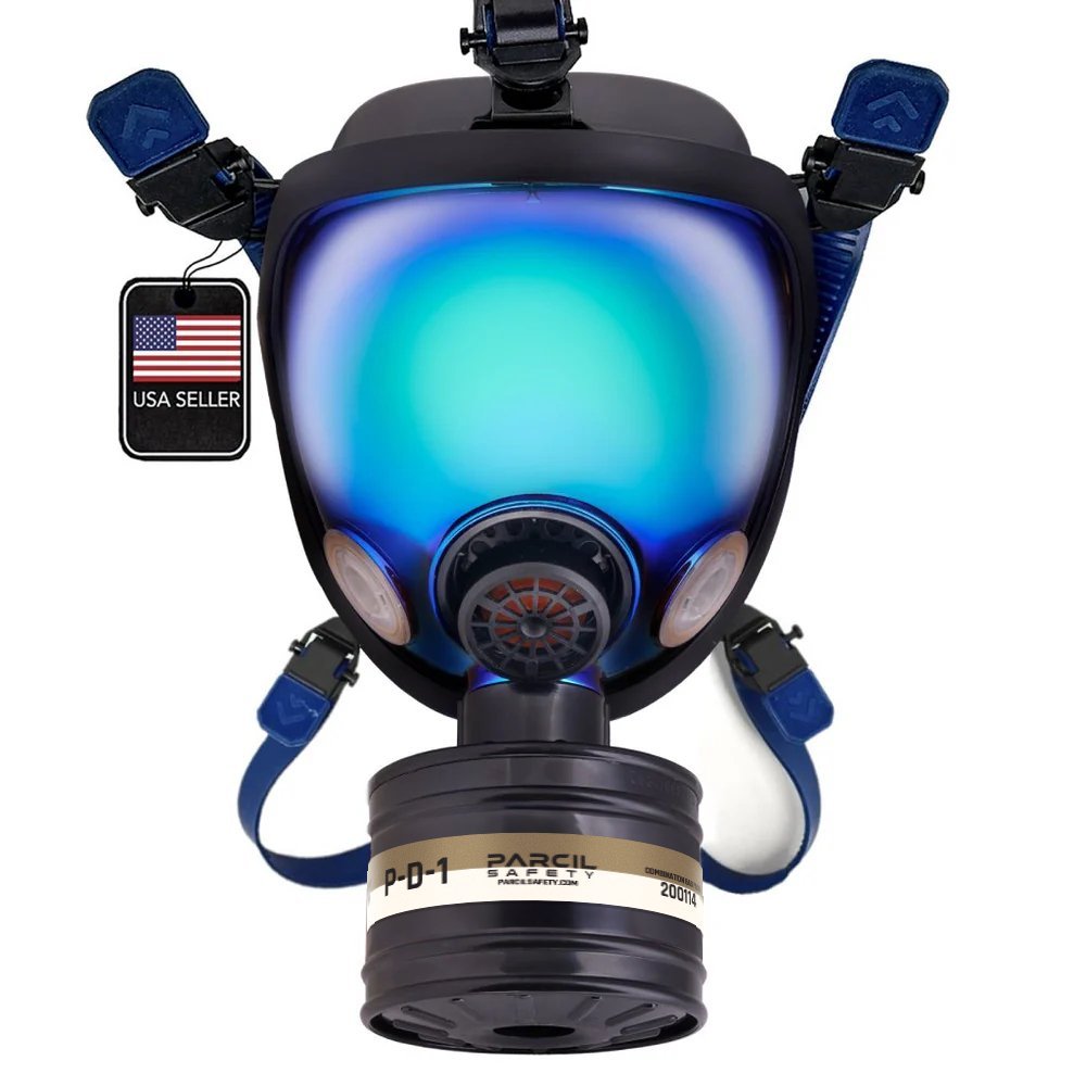 ST - 100X Arctic Blue Mirrored - Full Face Respirator Gas Mask with Organic Vapor and Particulate Filtration - Parcil Safety front side