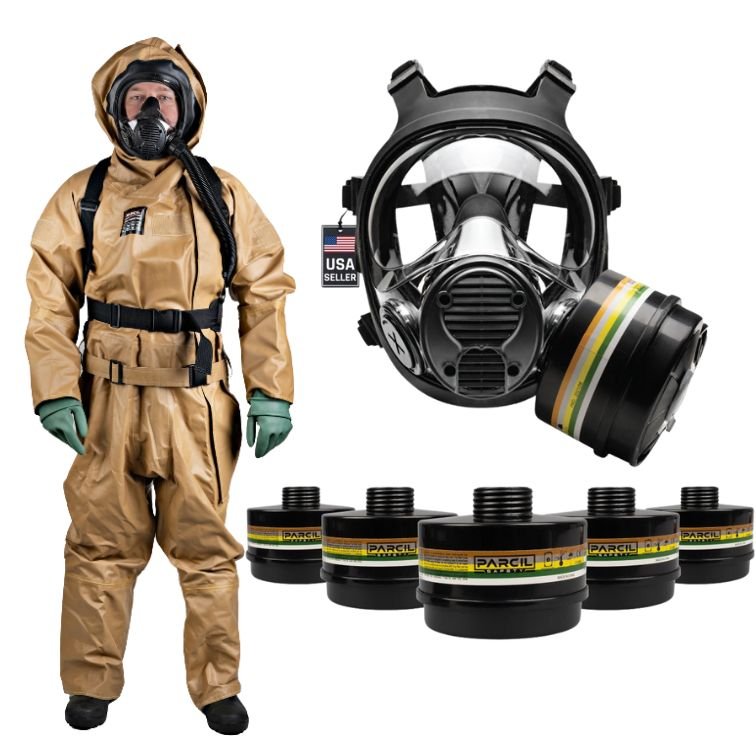 Ultimate Prepping Bundle: 5 Defense N - B - 1 Canisters, 1 NB - 100 Tactical Gas Mask, CBRN Hazmat Suit with Boots and Gloves. - Parcil SafetyHazMatHazMatParcil Safety